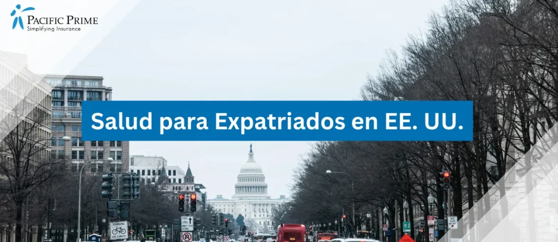 Image of Daytime Traffic In Washington, DC, United States with text overlay of "Salud para Expatriados en EE. UU."