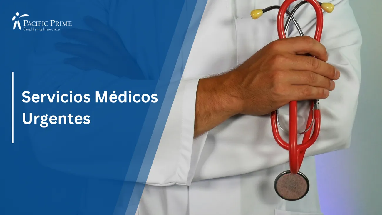 Image of a Doctor Holding A Stethoscope with text overlay of "Servicios Médicos Urgentes"