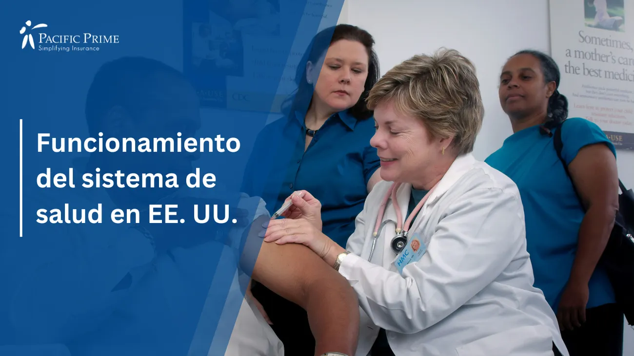 Image of Healthcare Professional Administering An Intramuscular Immunization To A Man with text overlay of "Funcionamiento del sistema de salud en EE. UU."