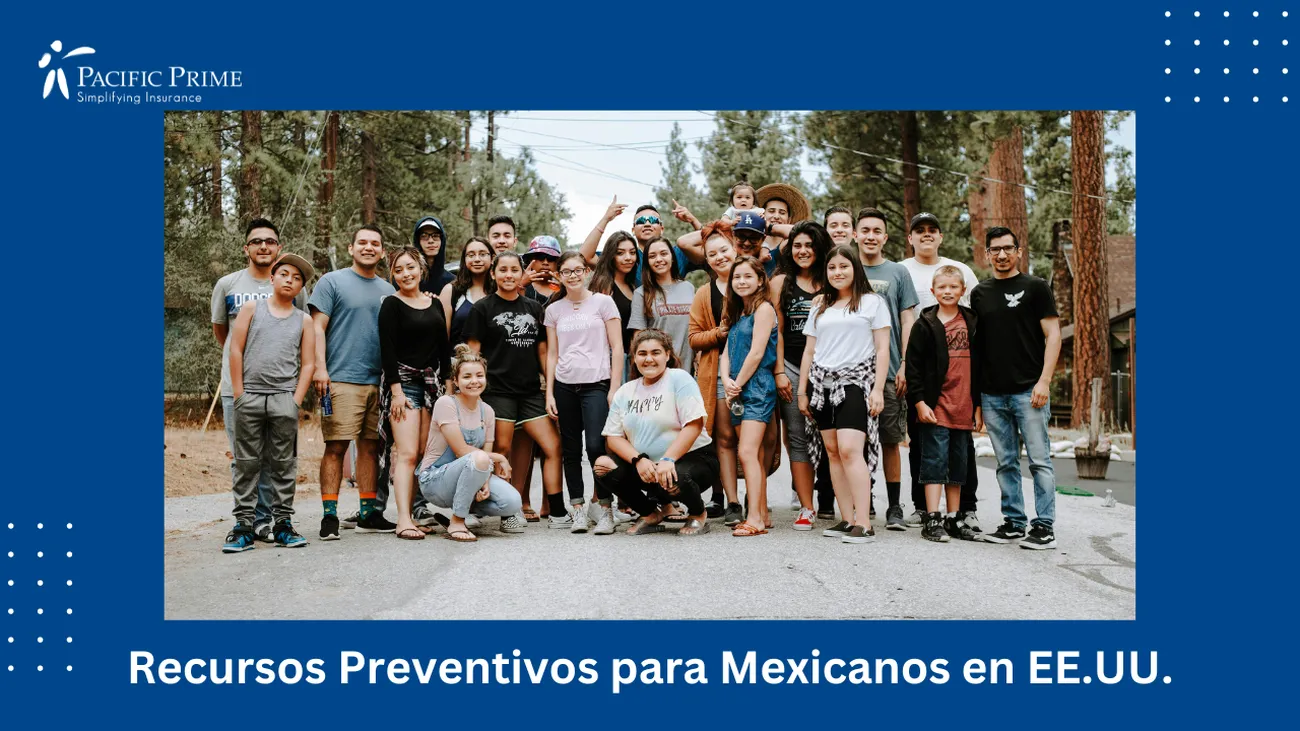 Image of Mexican Community Group Taking A Photo Near A Large Brown Wooden Tree with text overlay of "Recursos Preventivos para Mexicanos en EE.UU."
