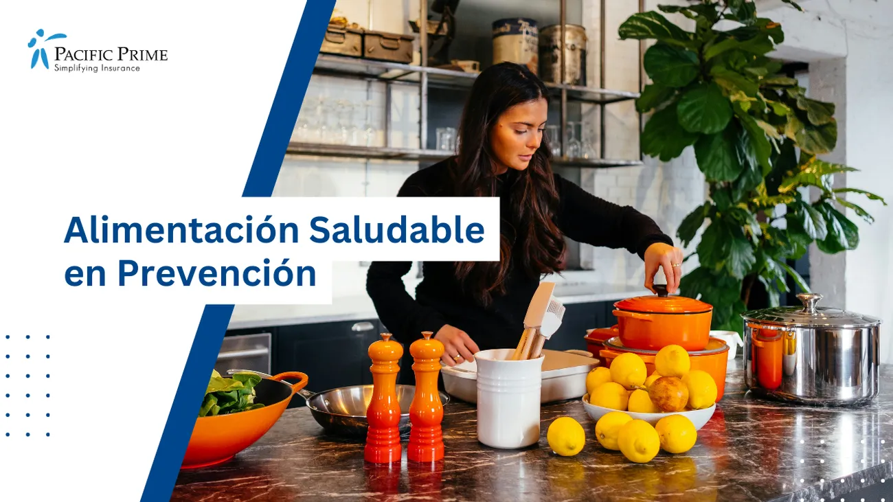 Image of a Woman Holding A Pot Lid, Standing In Front Of Fruits with text overlay of "Alimentación Saludable en Prevención"