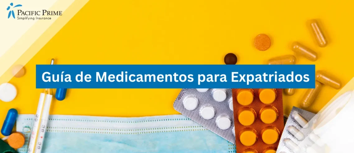 Image of Yellow Background With Medical Mask And Colorful Prescribed Pills with text overlay of "Guía de Medicamentos para Expatriados"