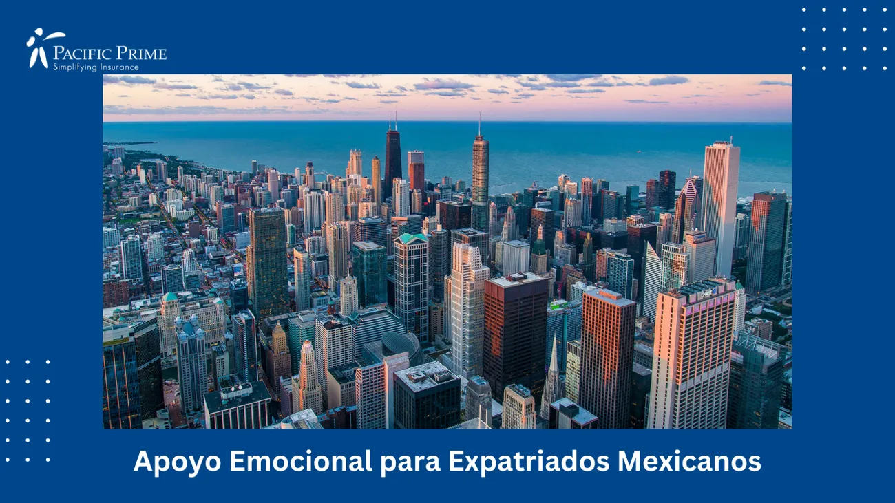 Image of Skyscrapers Near Waterfront With Willis Tower Skydeck, Chicago, United States with text overlay of "Apoyo Emocional para Expatriados Mexicanos"